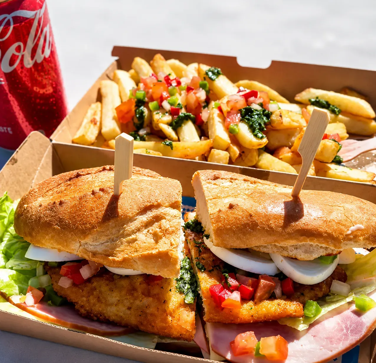 Milanesa Completo with loaded fries and salsa criolla