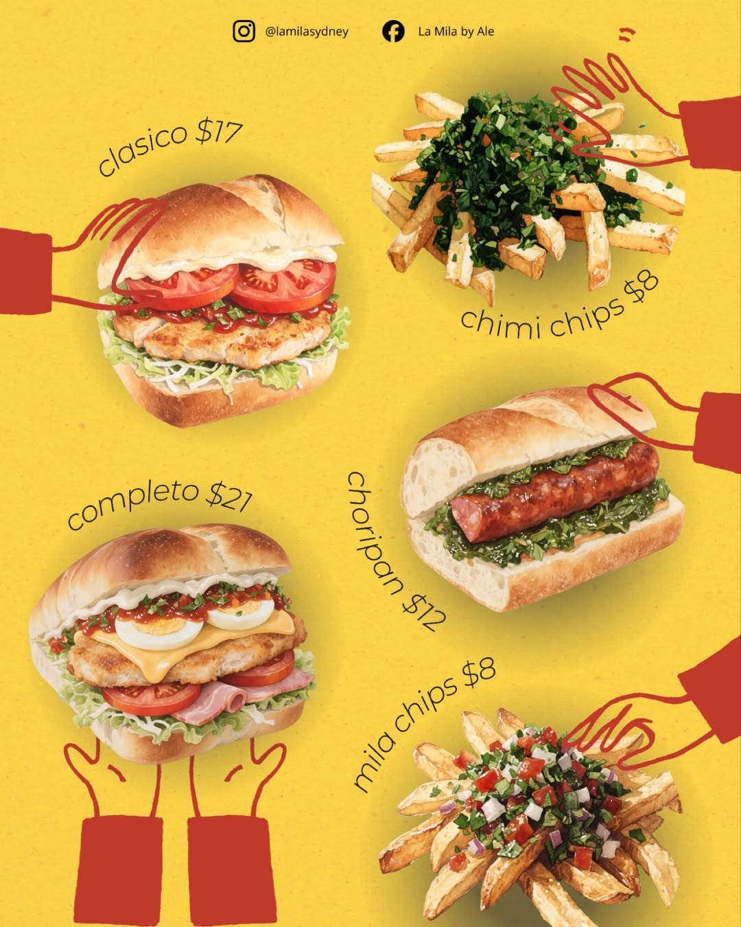 La Mila menu — Clásico, Completo, Choripán, Chimi Chips and Mila Chips